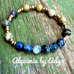 Yellow Turquoise and big green agate beaded bracelet for women/ colorful summer